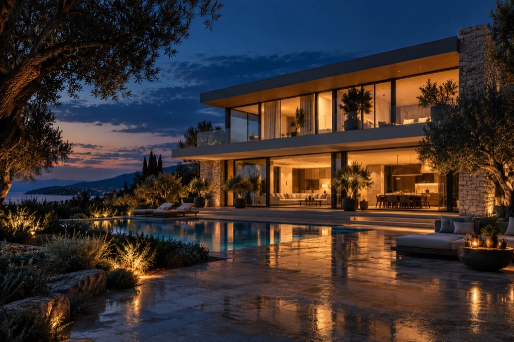 Casa moderna iluminada al anochecer, imagen de la app Can Marimón